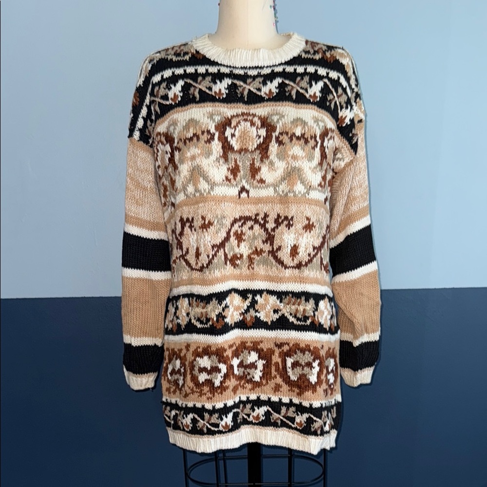 Cozy Hand Knitted Sweater with Intricate Brown Pattern